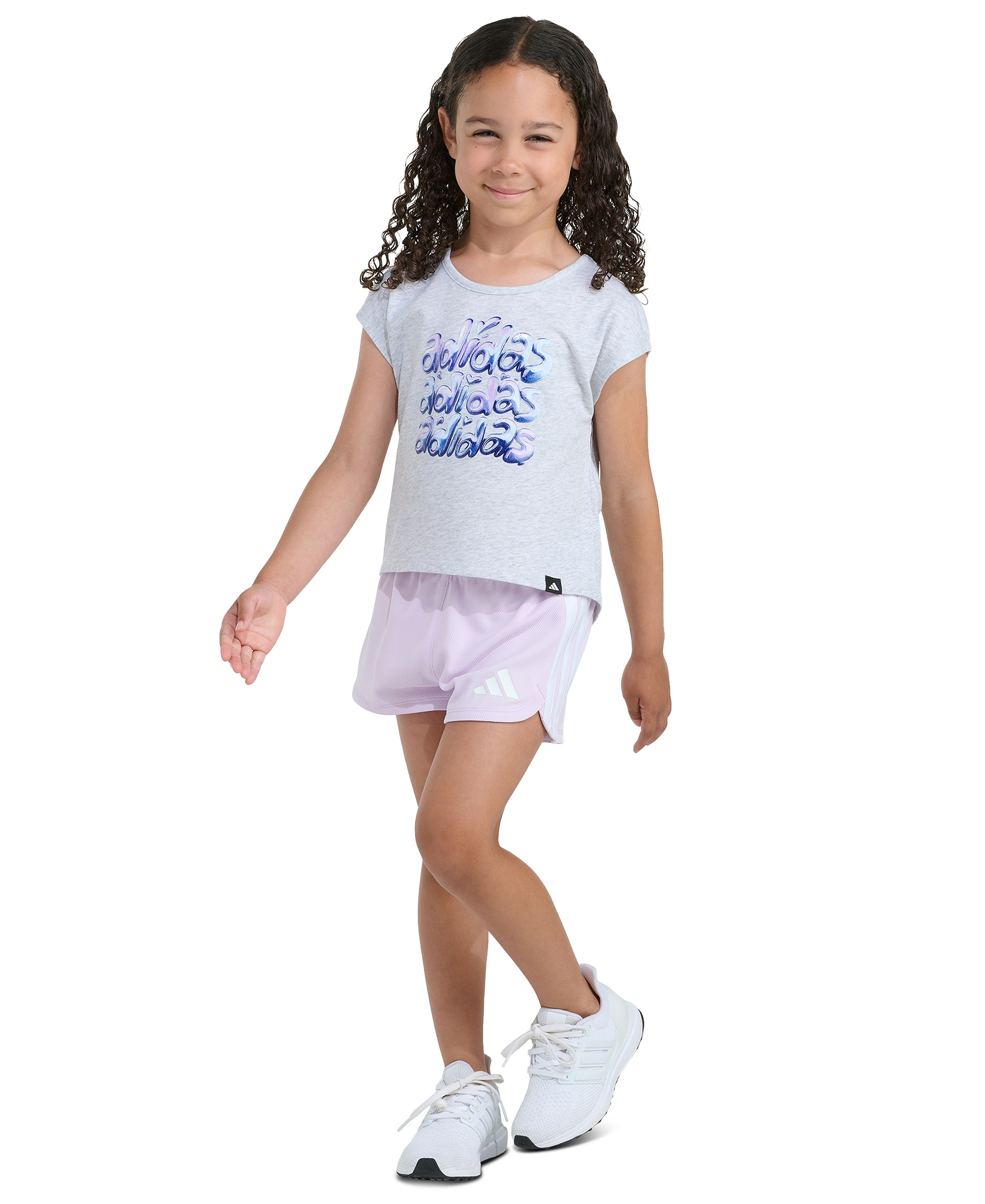 adidas Girls' 2T-6X Short-Sleeve Back Pleated Heather T-Shirt and Mesh Shorts, 2-Piece Set - Light Gray/Pink