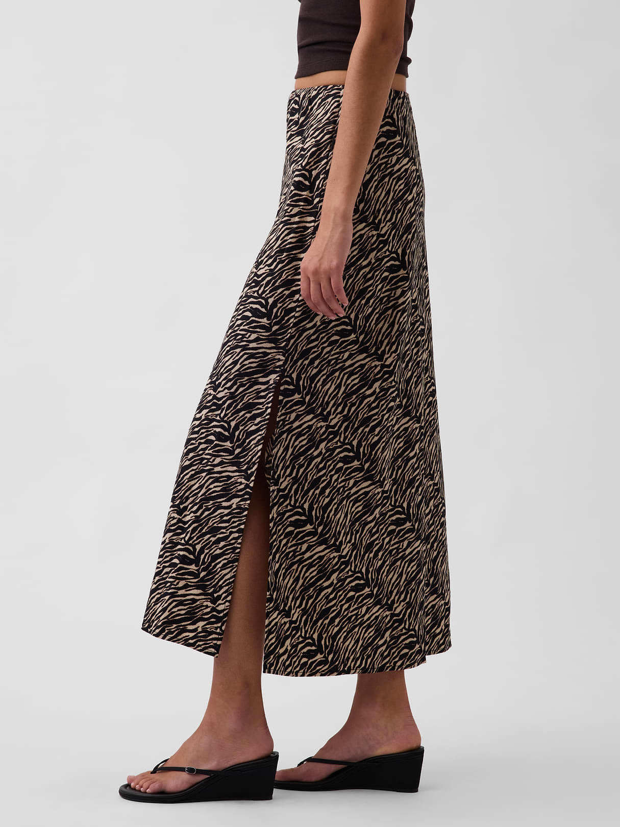Linen-Blend Maxi Slip Skirt - Black zebra print
