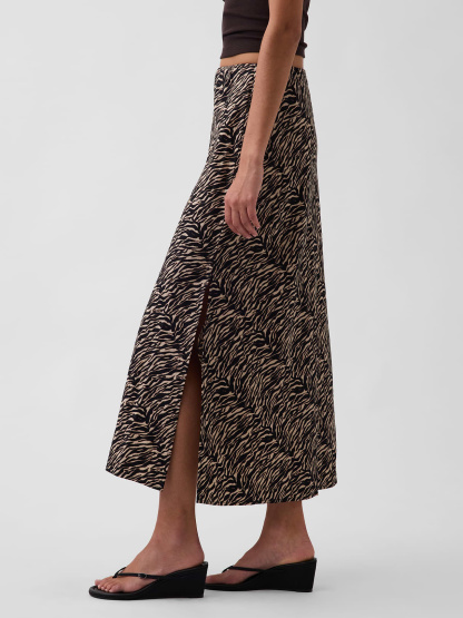 Linen-Blend Maxi Slip Skirt - Black zebra print
