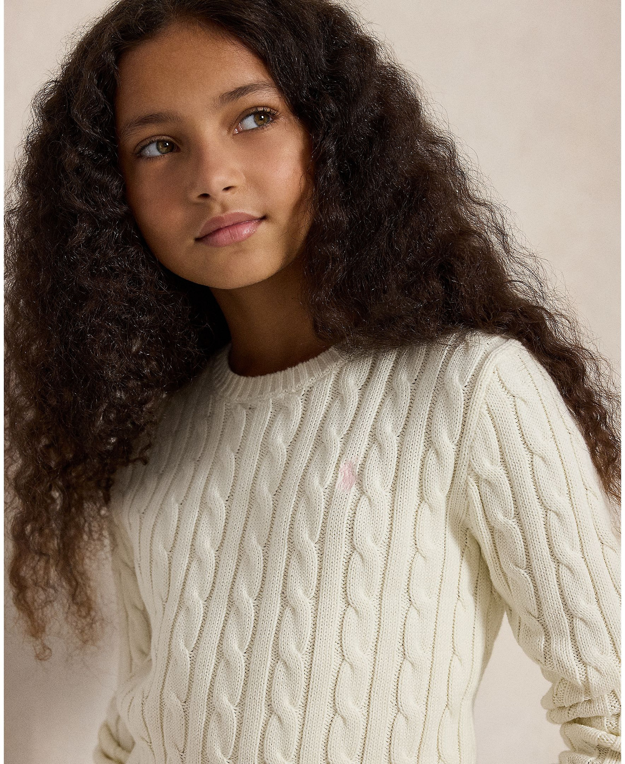Polo Ralph Lauren Girls' 7-16 Cable-Knit Long Sleeves Sweater - Warm White W/Hint Of Pink