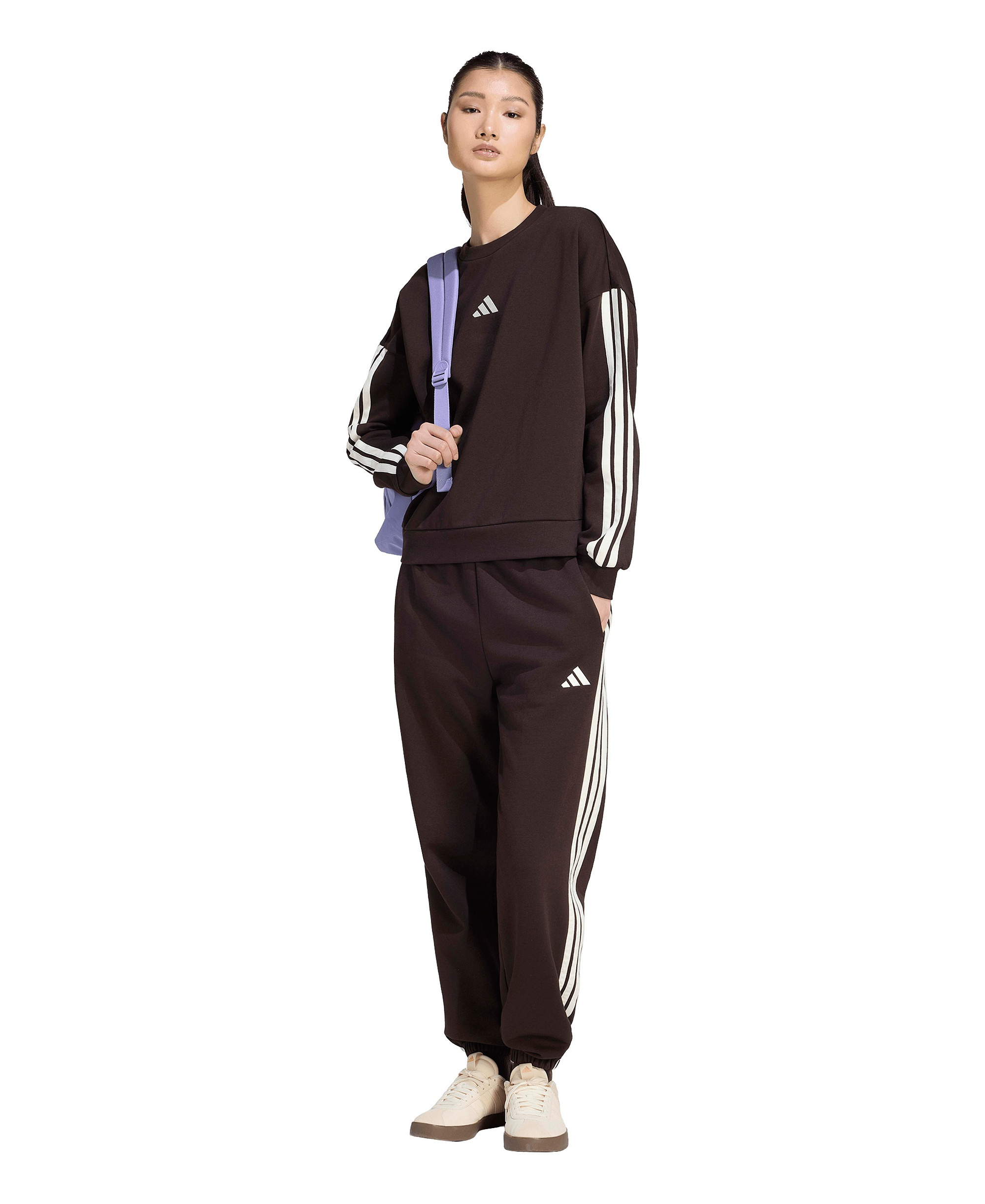 adidas Women's Essentials 3-Stripes Fleece Crew Neck Sweatshirt - Aurora Coffee/Ivory