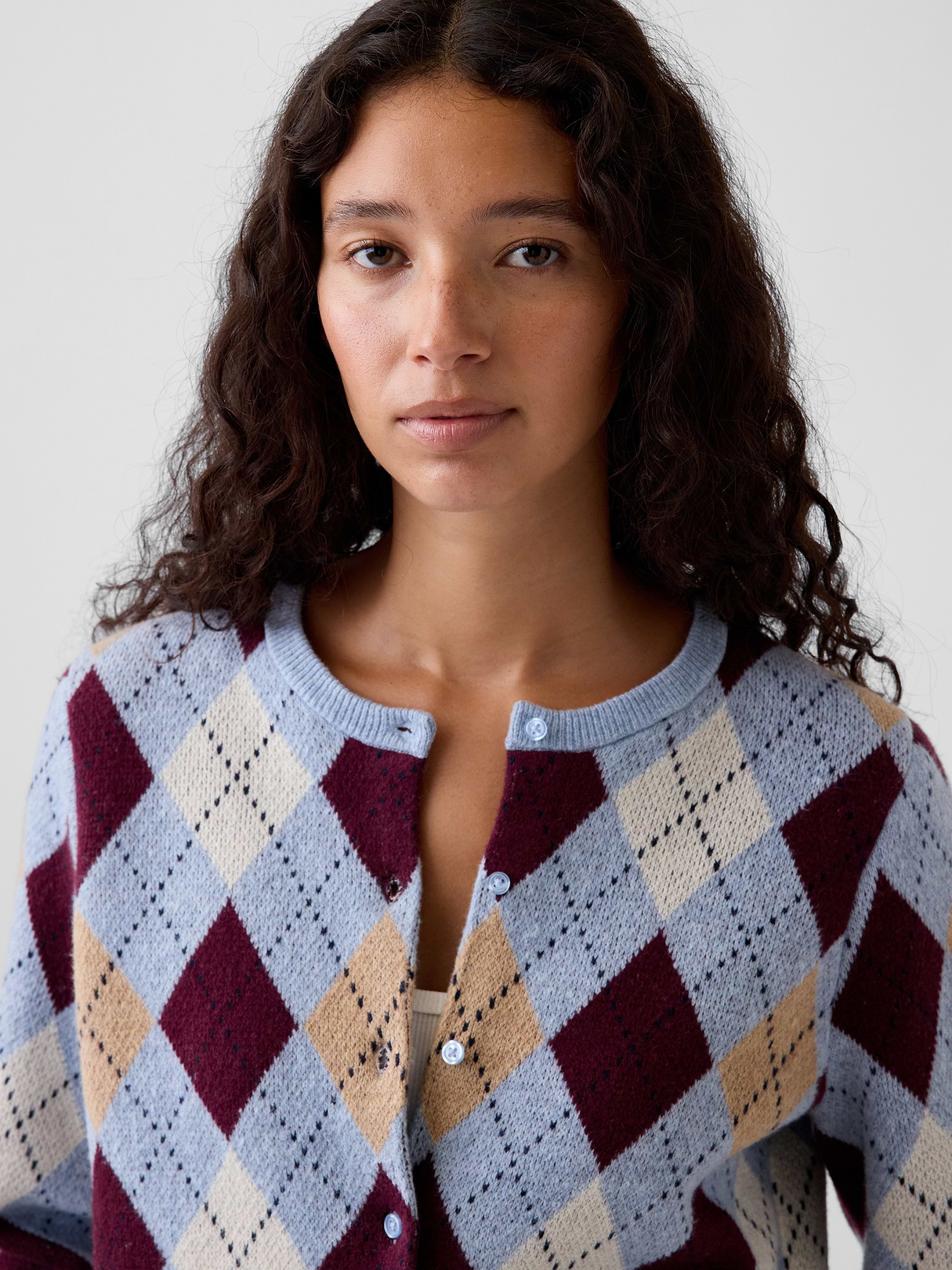CashSoft Crop Cardigan - Blue & purple burgundy argyle