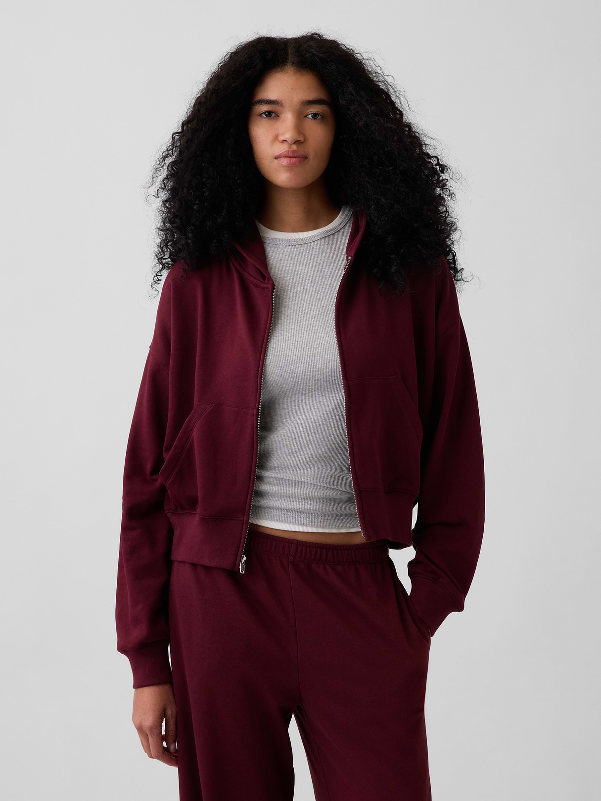 VintageSoft Terry Oversized Wedge Zip Hoodie - Purple burgundy