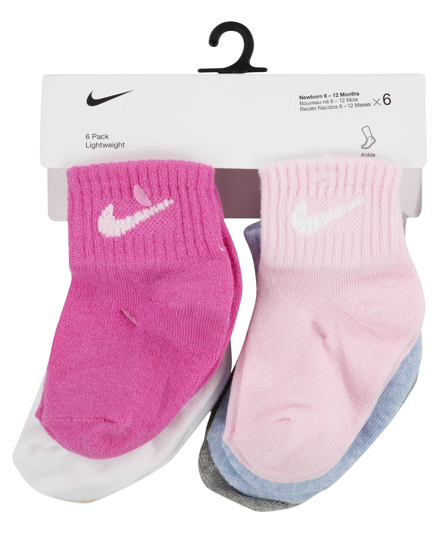 Nike Baby and Toddler Boys' and Baby Girls' Swoosh Ankle Socks, 6-Pack - Pink/White/Multi