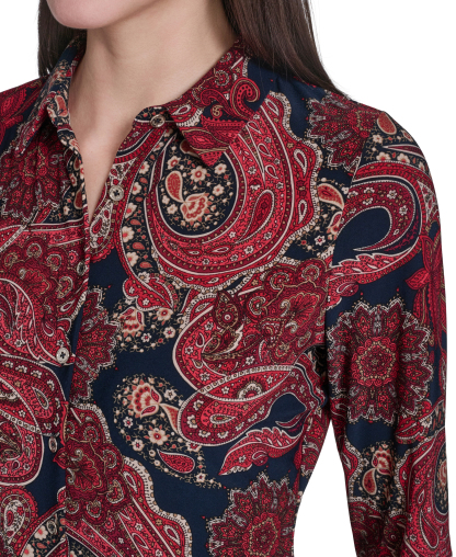 Tommy Hilfiger Women's Long-Sleeve Paisley Print Collared Top - Midnight Multi