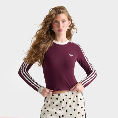 Women's adidas Originals 3-Stripes Slim Long-Sleeve T-Shirt - Maroon