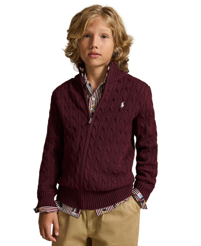 Polo Ralph Lauren Boys' 8-20 Cable-Knit Cotton Full-Zip Sweater - Rich Ruby