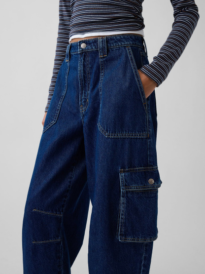 High Rise Barrel Cargo Jeans - Dark wash
