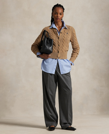 Polo Ralph Lauren Women's Cable-Knit Wool-Cashmere Cardigan Sweater - Collection Camel Melange