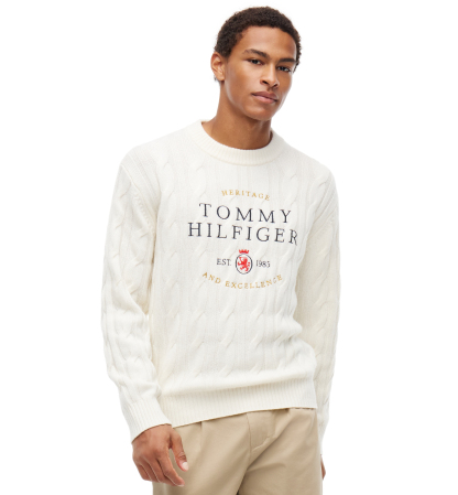 Tommy Hilfiger Men's American Icons Cable-Knit Graphic Crewneck Lambswool Sweater, Macy’s Exclusive - Ivory