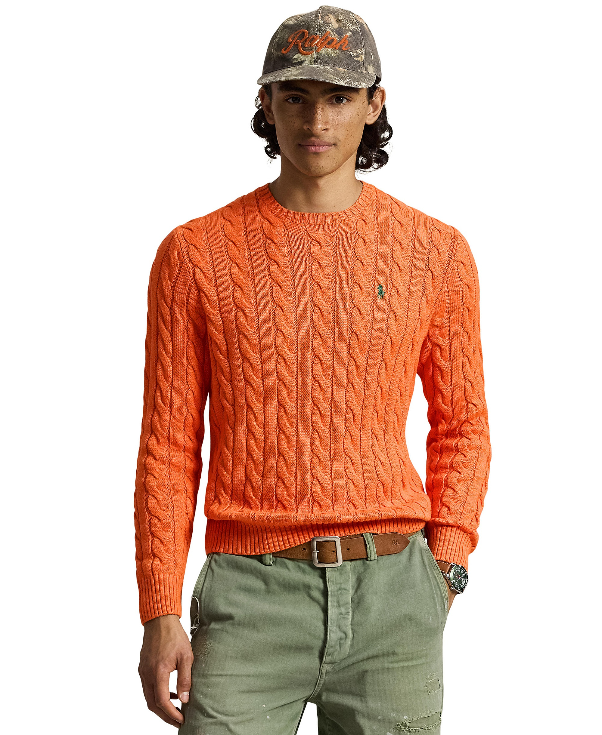 Polo Ralph Lauren Men's Cable-Knit Cotton Sweater - Orange Jasper Heather
