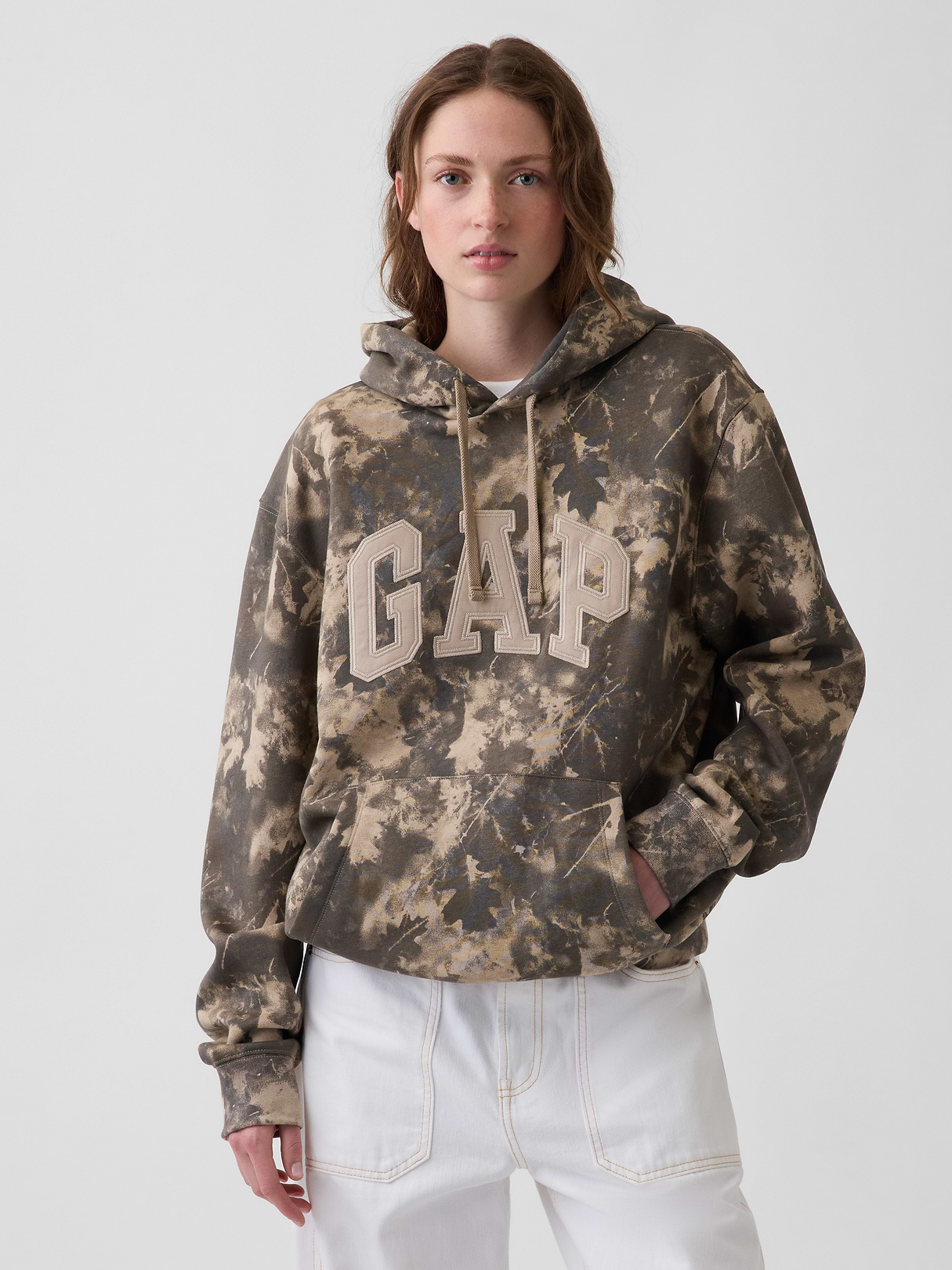 Adult VintageSoft Arch Logo Hoodie - Khaki tan leaf print