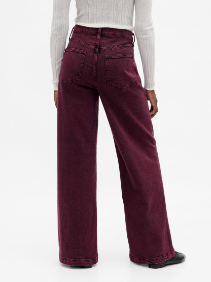 High Rise Stride Cuffed Wide-Leg Jeans - Red