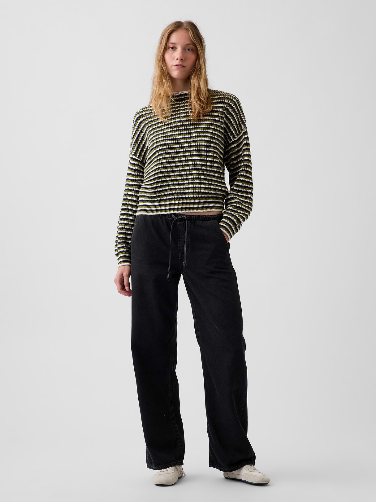 100% Cotton Oversized Rollneck Sweater - Green stripe