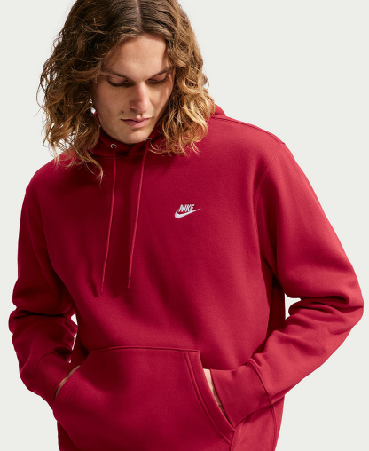 Nike Men's Club Pullover Fleece Hoodie Logo - Tough Red/White