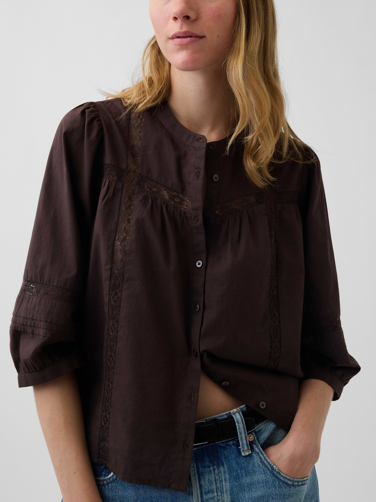 Lace-Trim Button-Front Swing Top - Terra brown