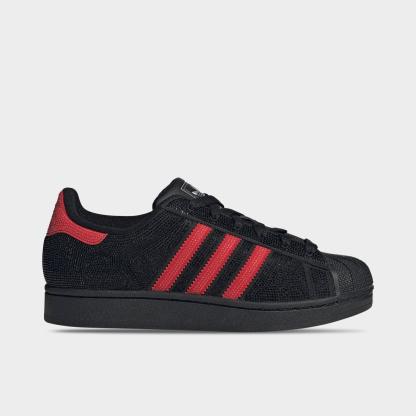 Women's adidas Originals Superstar II Casual Shoes - Core Black/Better Scarlet/Silver Metallic - Left shoe facing left. Outside of the shoe.