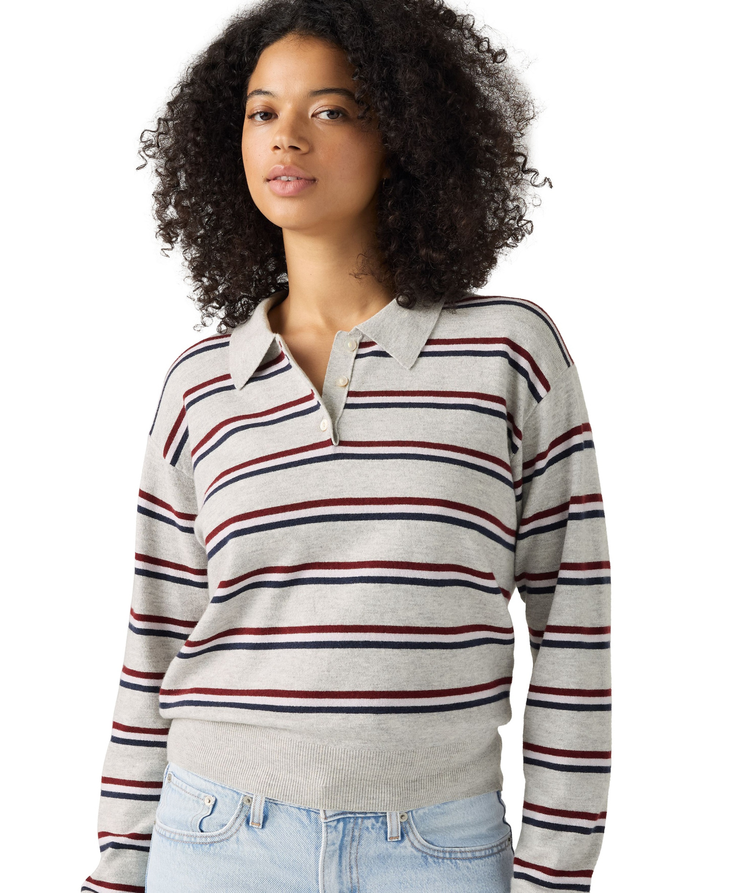 Levi's Premium Women's Long-Sleeve Polo Sweater - Jade Stripe Light Grey Heather