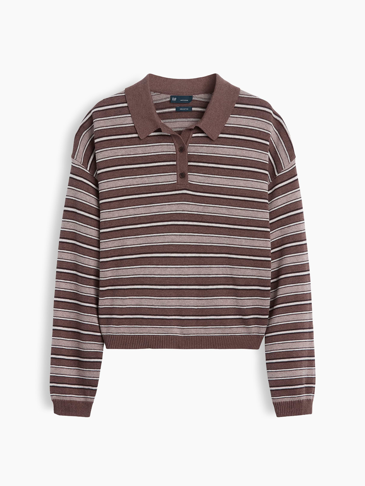 100% Cotton Relaxed Polo Sweater - Brown stripe