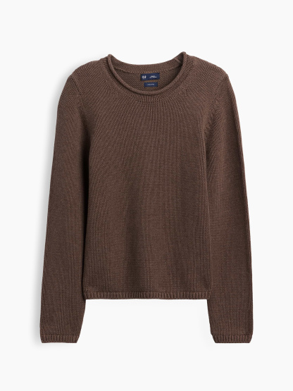 100% Cotton Rollneck Sweater - Cool brown heather