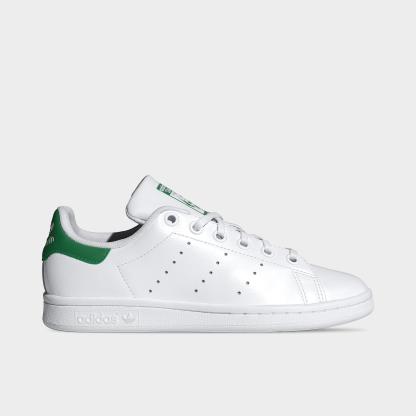 Big Kids' adidas Originals Stan Smith Casual Shoes - White/White/Green - Left shoe facing left. Outside of the shoe.