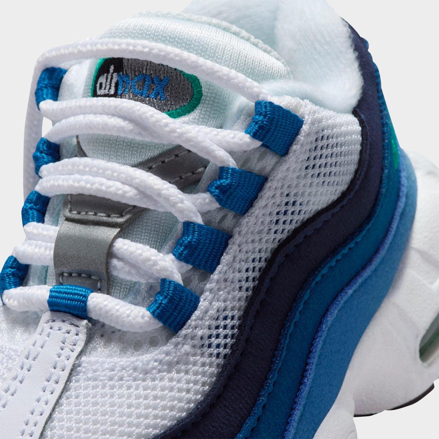 Kids' Toddler Nithtke Air Max 95 Casual Shoes - White/Lake Blue/French Blue/Emerald Green - Detail shot