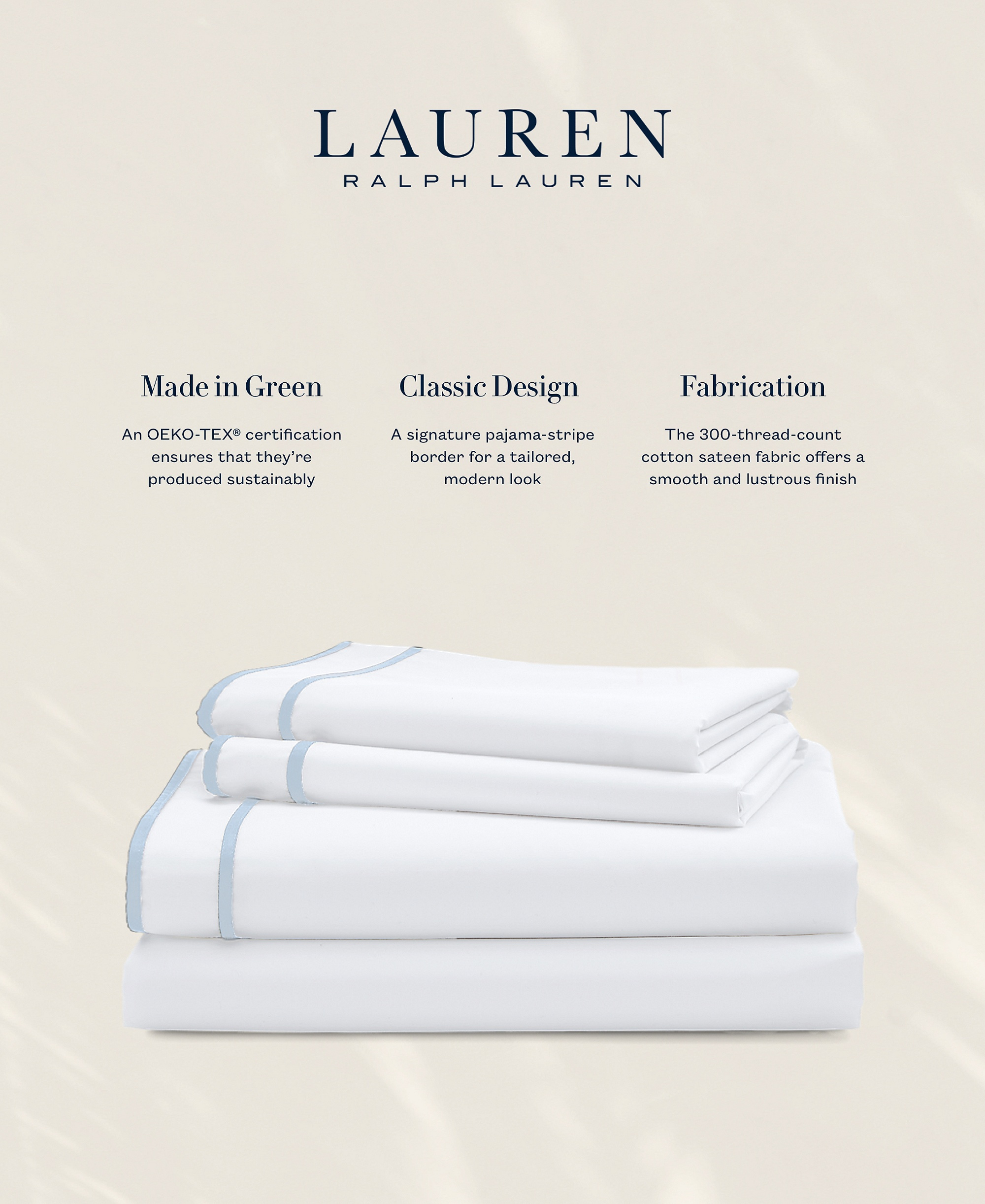 Lauren Ralph Lauren Spencer 300 Thread Count Sateen Border Sheet Set, Queen - Blue Cornflower