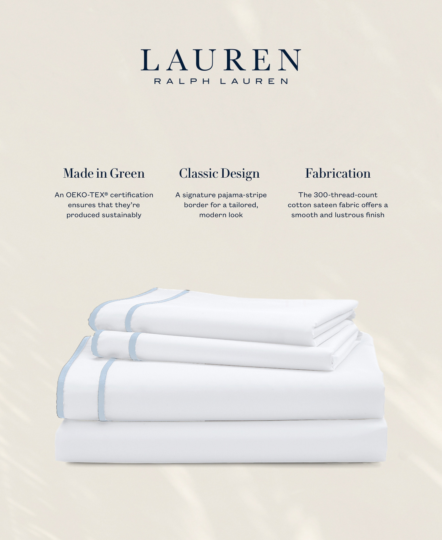 Lauren Ralph Lauren Spencer 300 Thread Count Sateen Border Sheet Set, Queen - Blue Cornflower