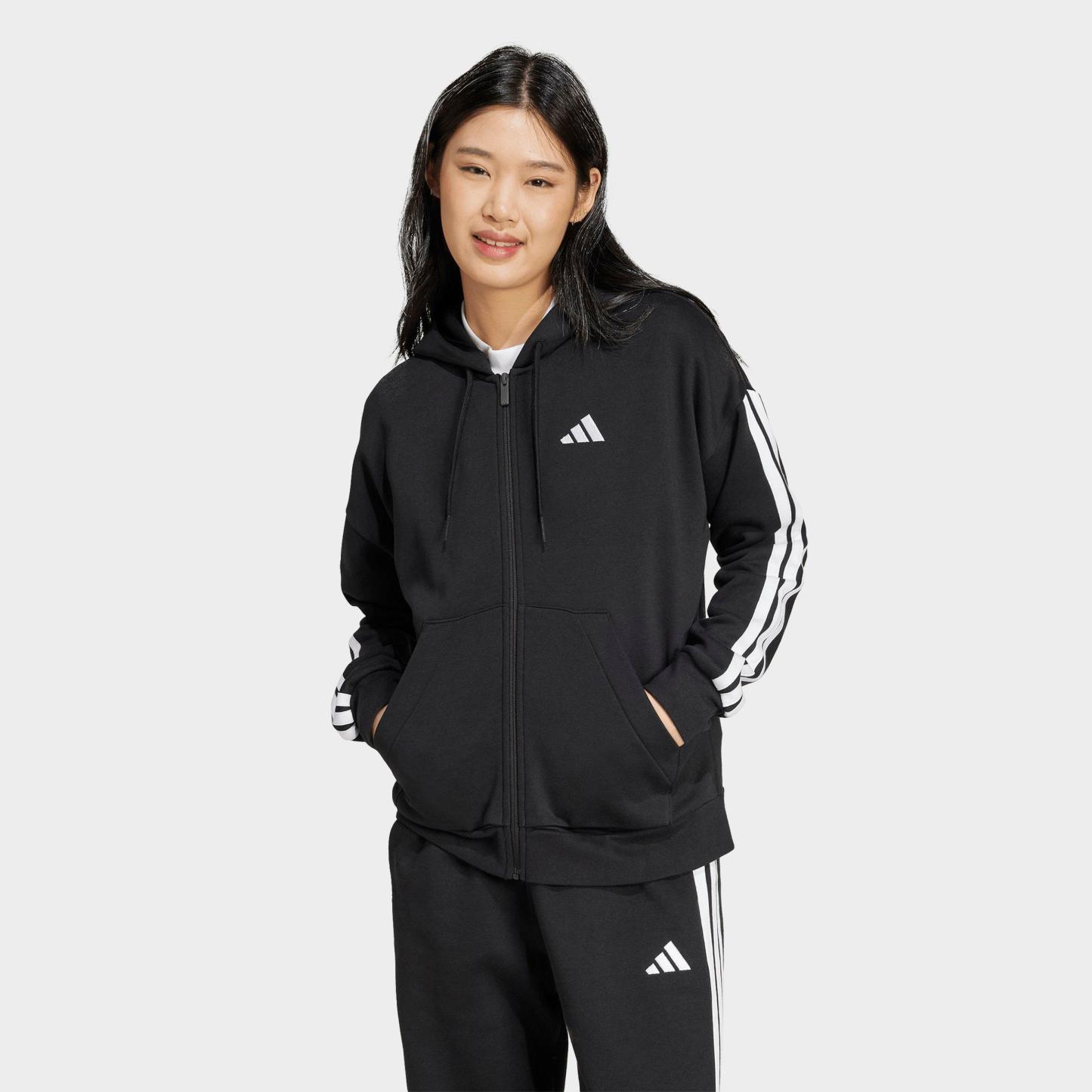 Women's adidas Essentials 3-Stripes Fleece Full-Zip Hoodie - Black/White