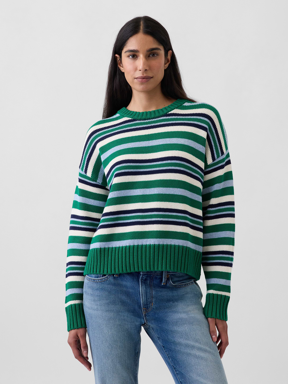 100% Cotton Oversized Crop Sweater - Green & blue stripe