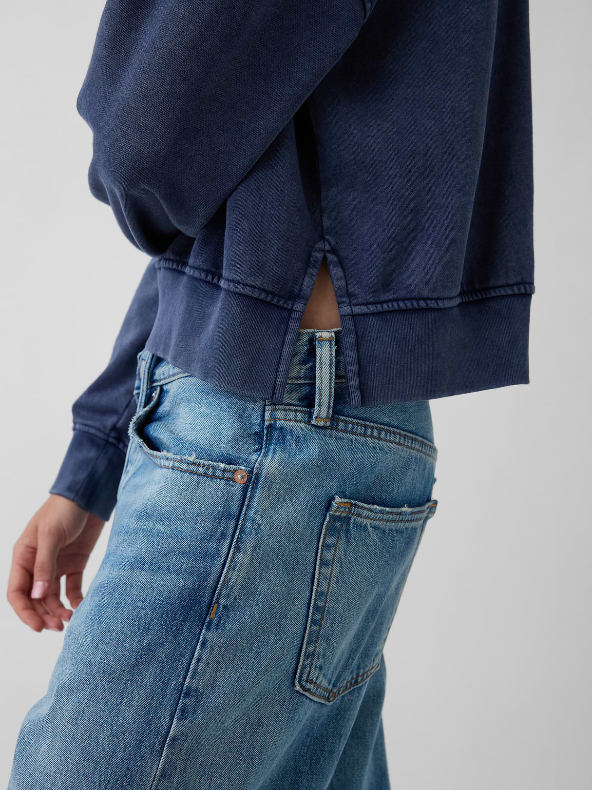 VintageSoft Terry Oversized Wedge Side-Slit Sweatshirt - Tapestry navy blue wash