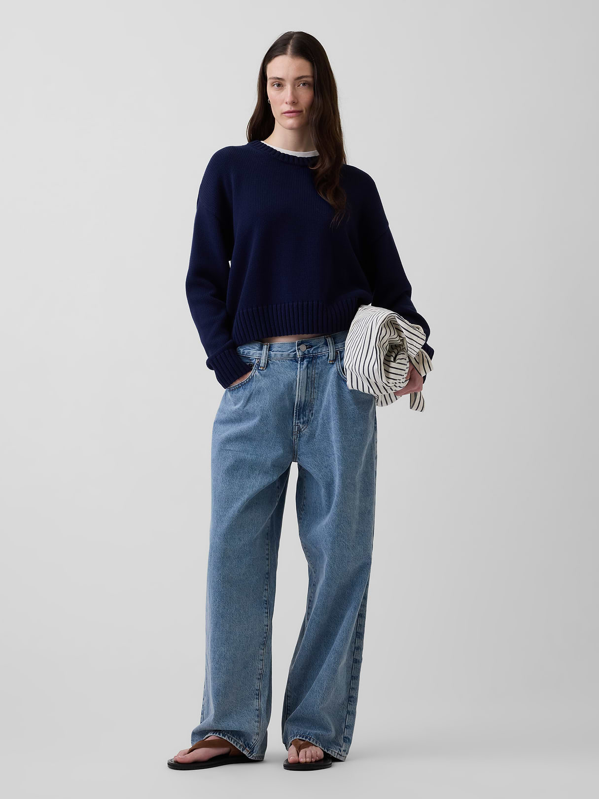 100% Cotton Oversized Crop Sweater - Navy blue