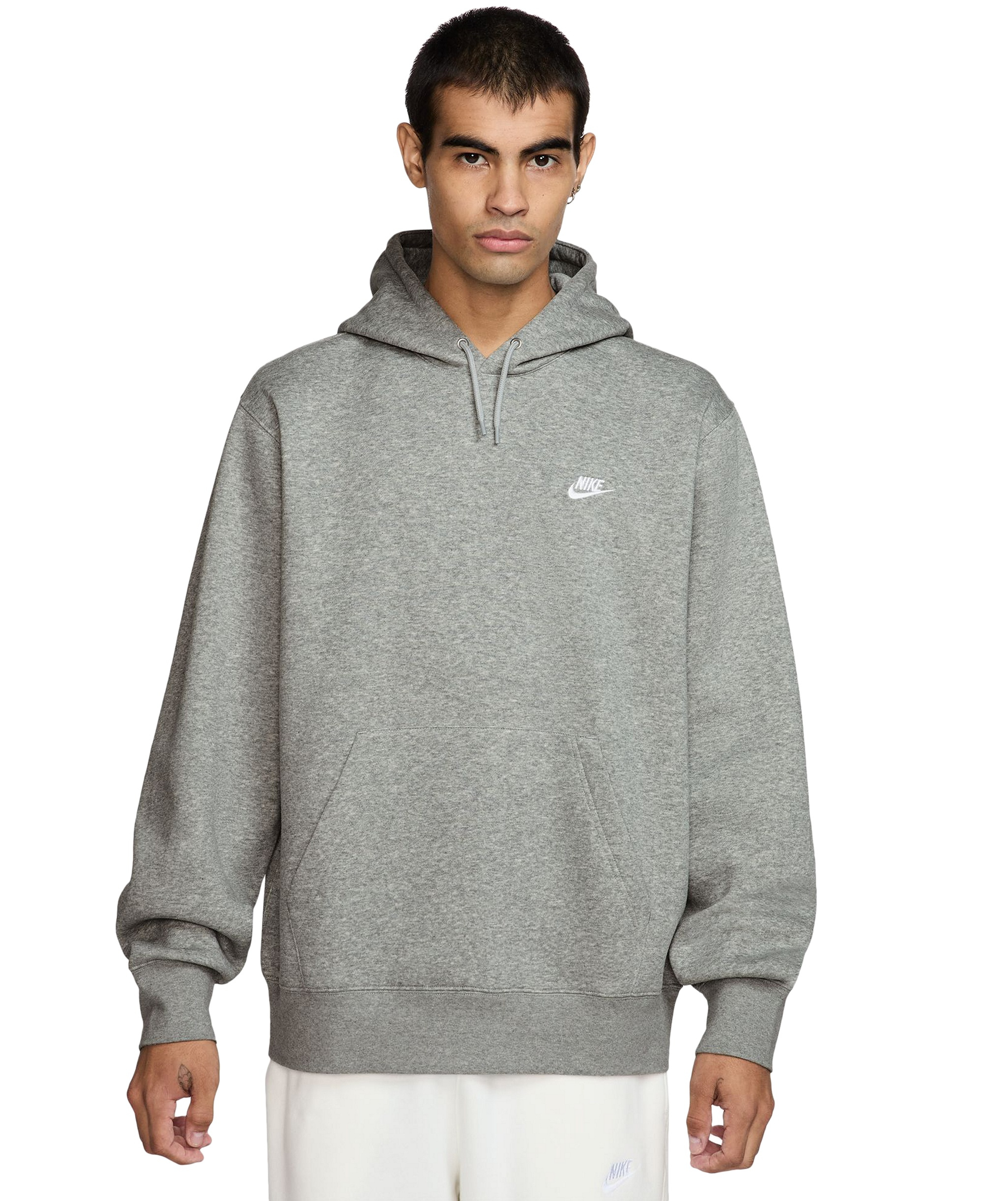 Nike Men's Club Pullover Fleece Hoodie Logo - Dark Gray Heather/White