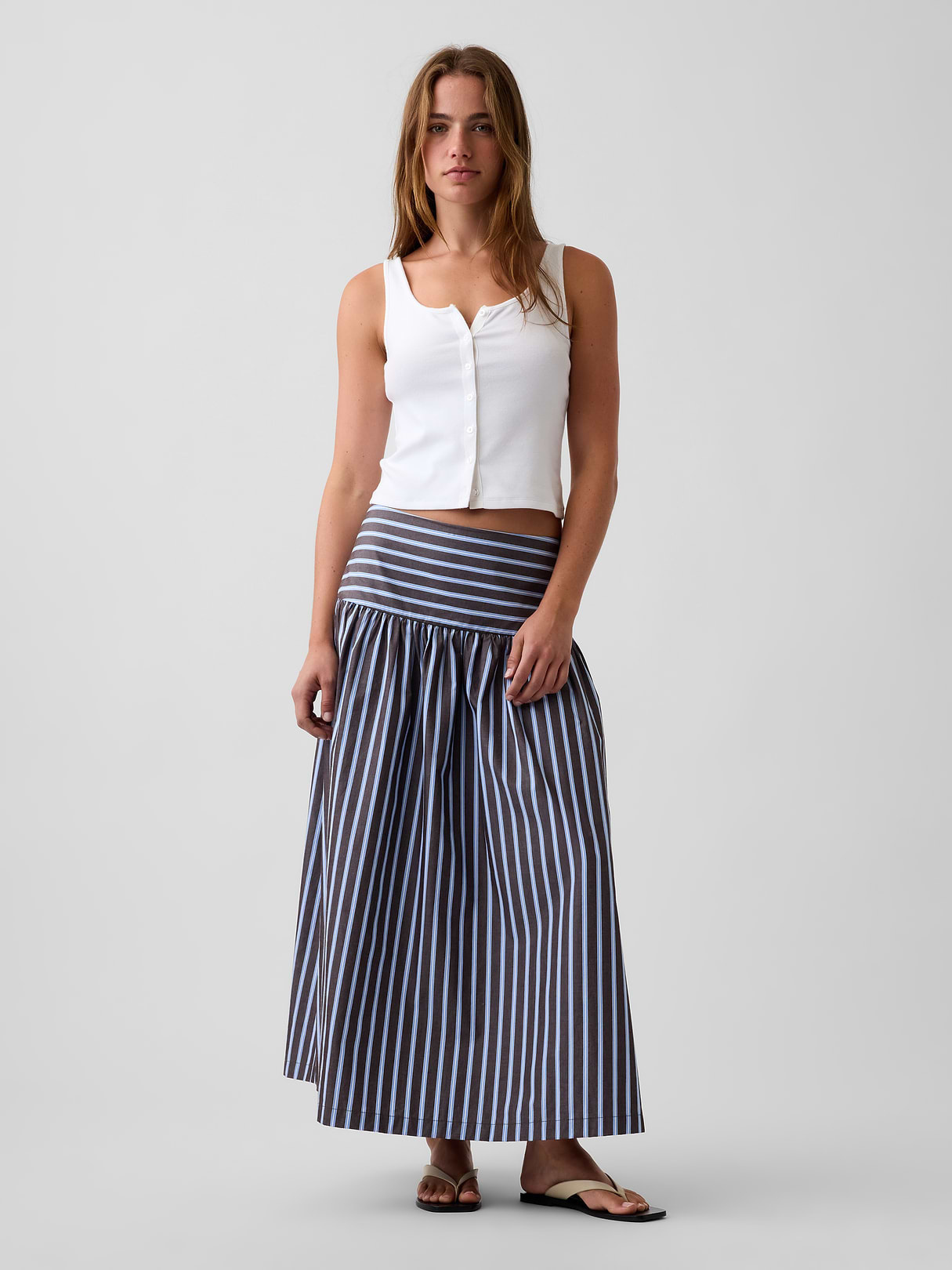 Poplin Drop-Waist Maxi Skirt - Blue & brown stripe