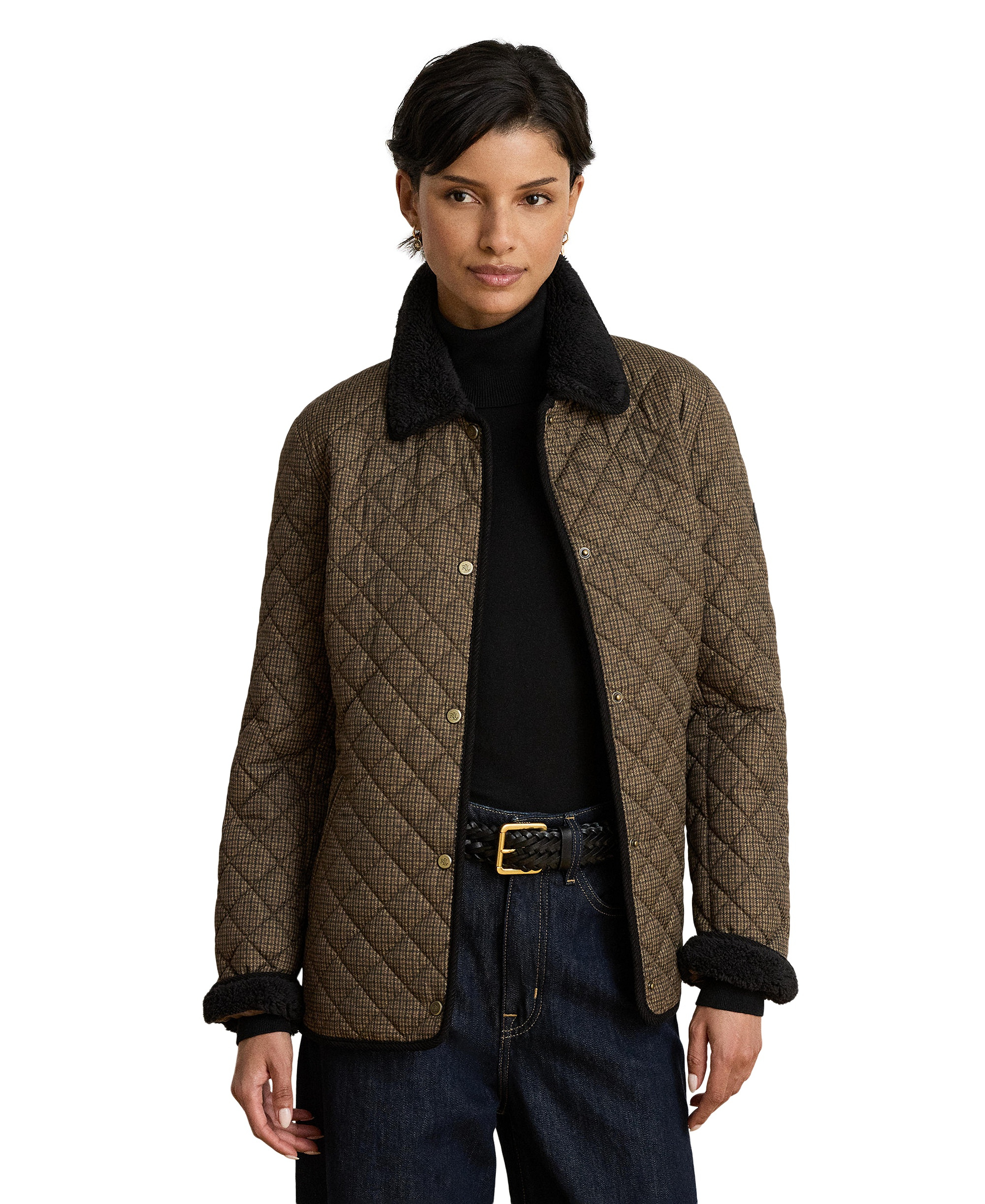 Lauren Ralph Lauren Women's Faux-Sherpa-Collar Quilted Coat, Created for Macy's - Brown Mini Check