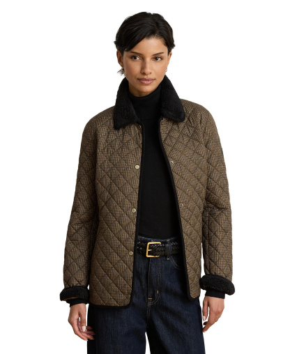 Lauren Ralph Lauren Women's Faux-Sherpa-Collar Quilted Coat, Created for Macy's - Brown Mini Check
