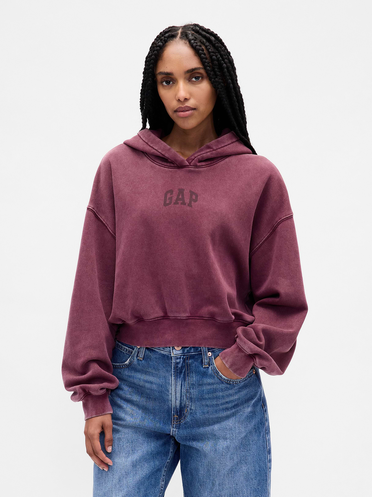 VintageSoft Crop Logo Hoodie - Tuscan red wash