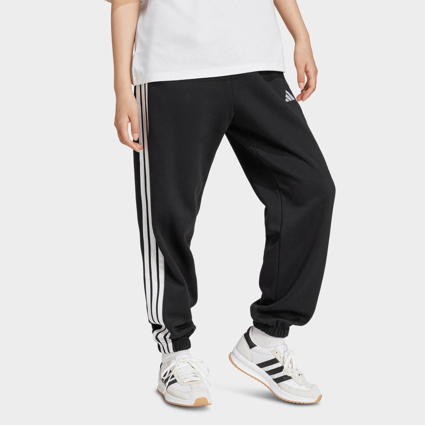 Women's adidas Essentials 3-Stripes Fleece Loose Pants - Black/White