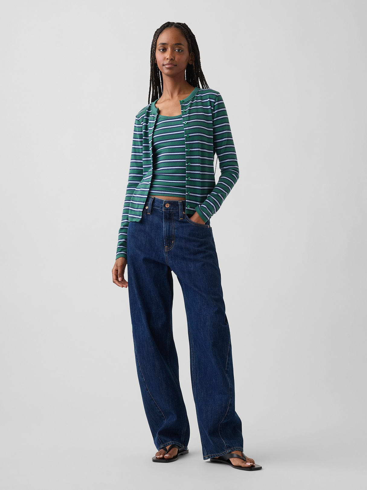 Modern Crewneck Cardigan - Green stripe