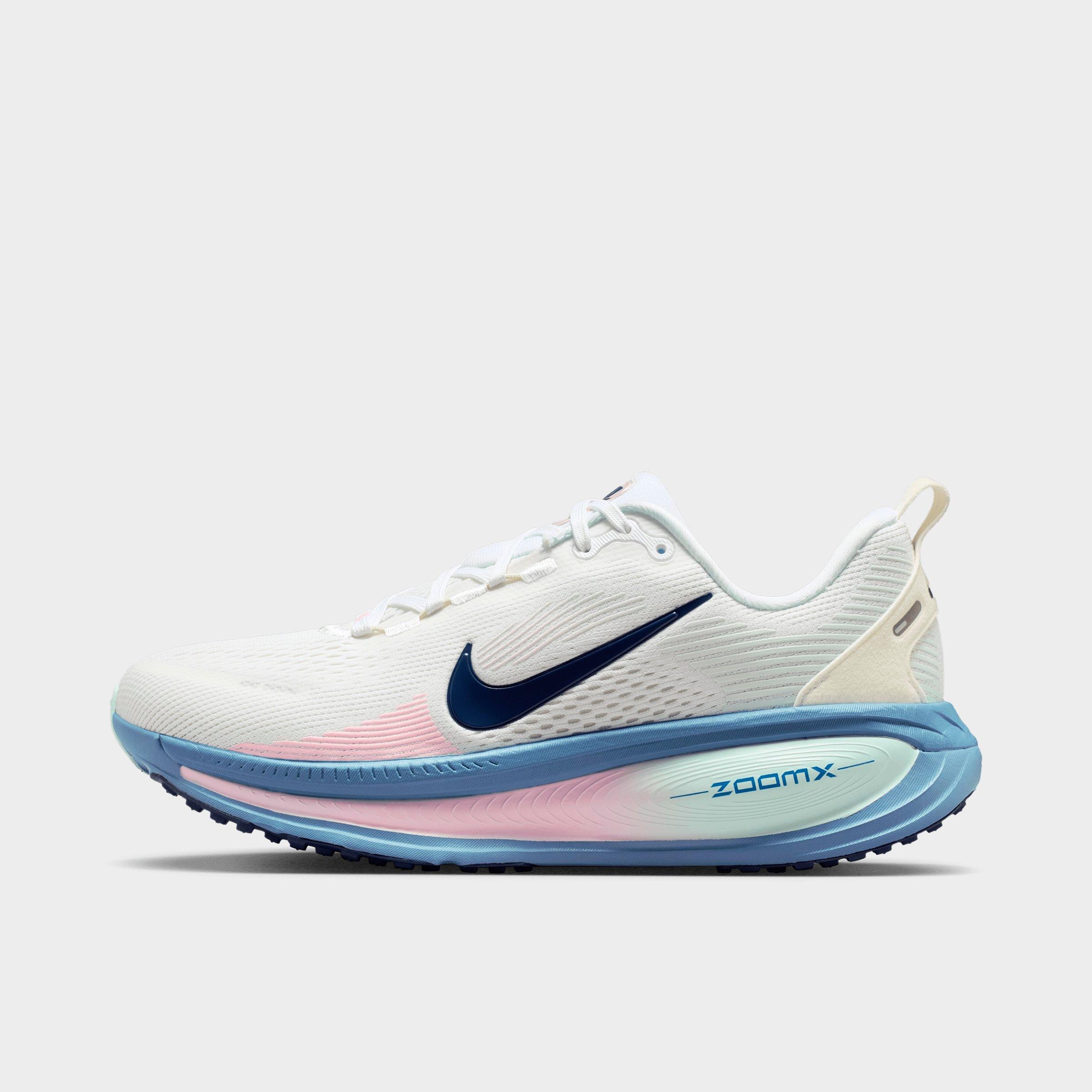 Women's Nithtke Vomero 18 Running Shoes - Part 1 - White/Work Blue/Barely Green/Midnight Navy - Left shoe facing left. Outside of the shoe.