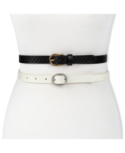Levi's Women's 2-Pack Perforated and Reversible Skinny Casual Belt Set - White/Burgundy Black