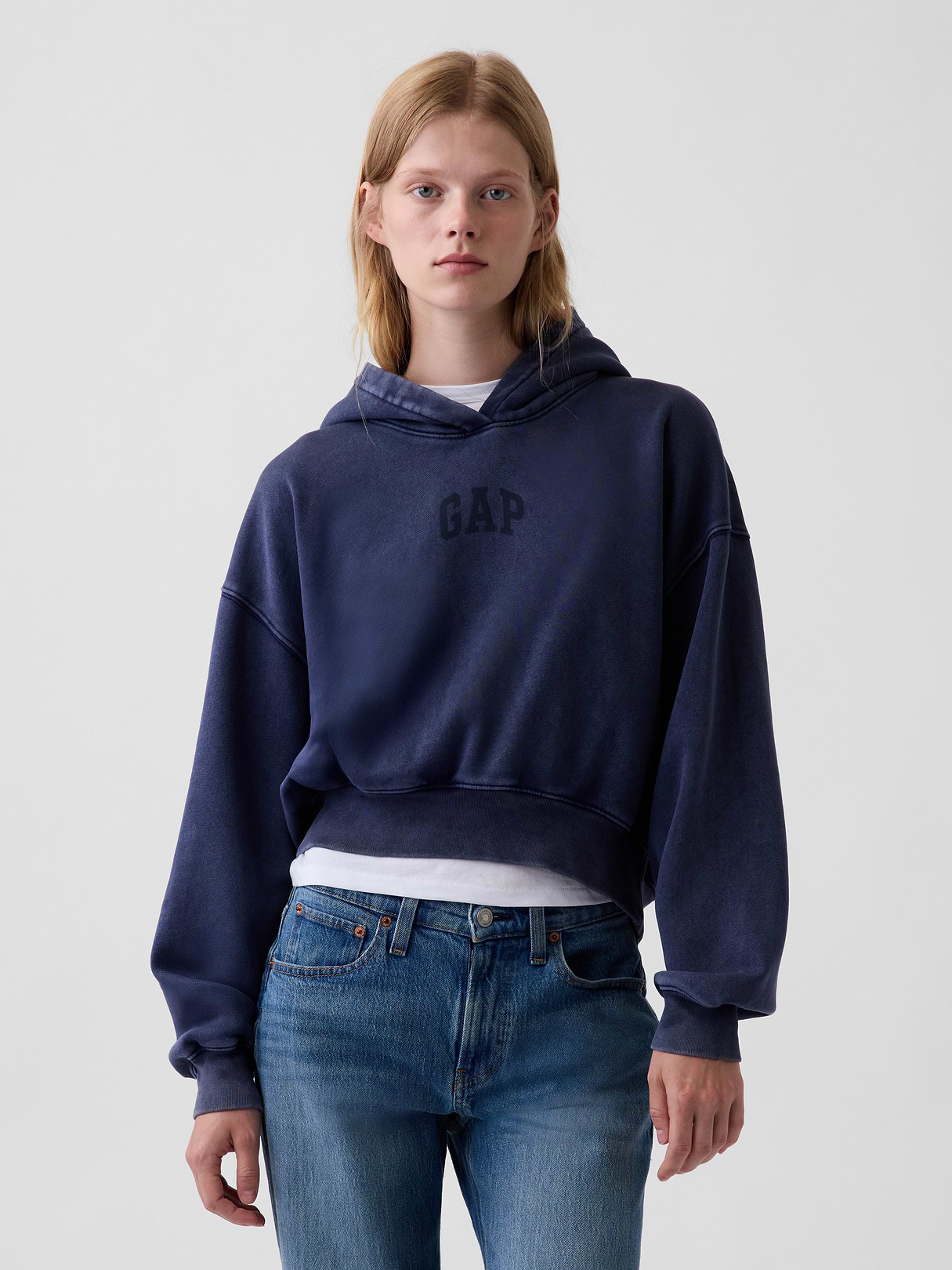 VintageSoft Crop Logo Hoodie - Tapestry navy blue wash