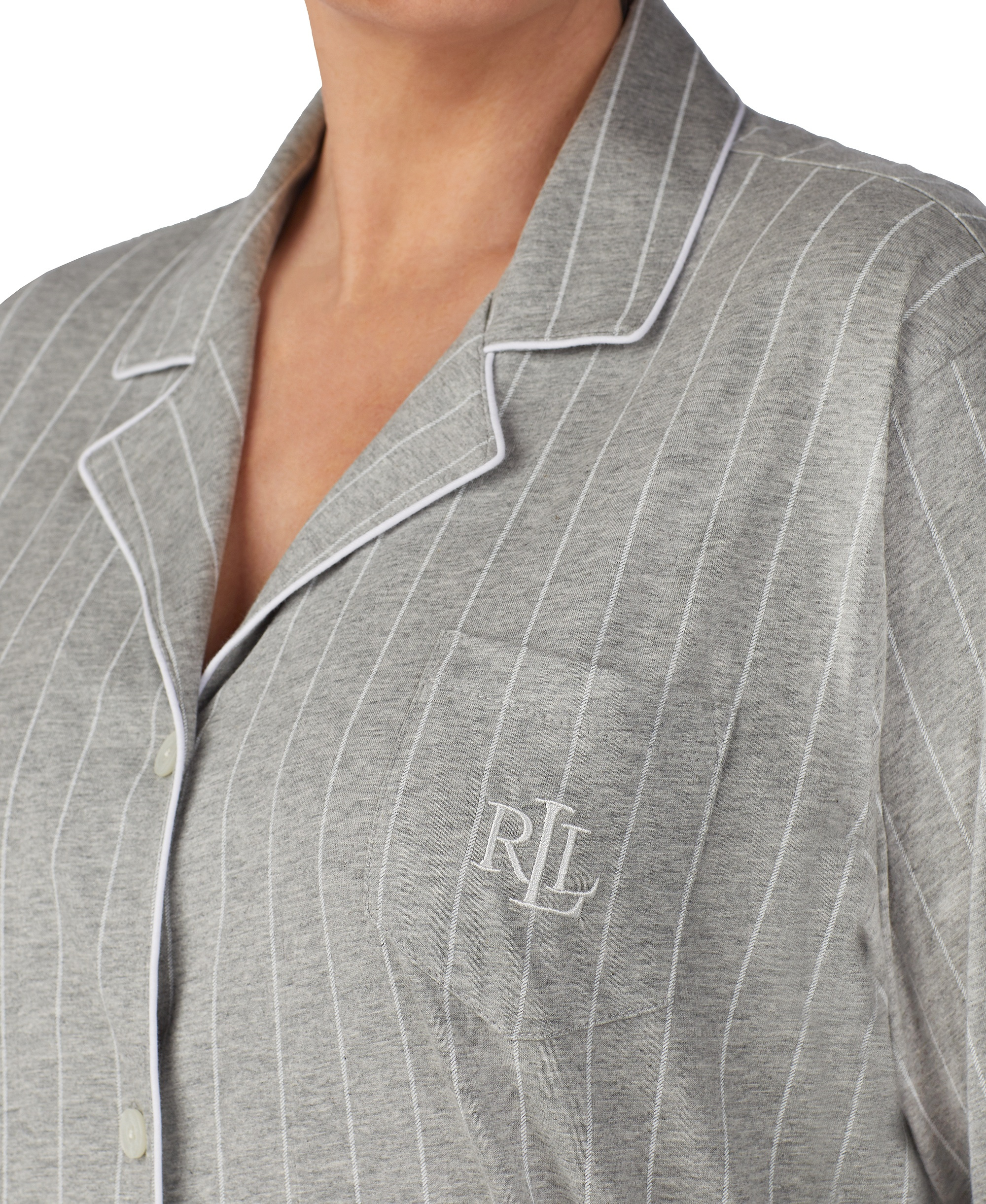 Lauren Ralph Lauren Womens 3/4 Sleeve Cotton Notch Collar Capri Pant Pajama Set - Gryst