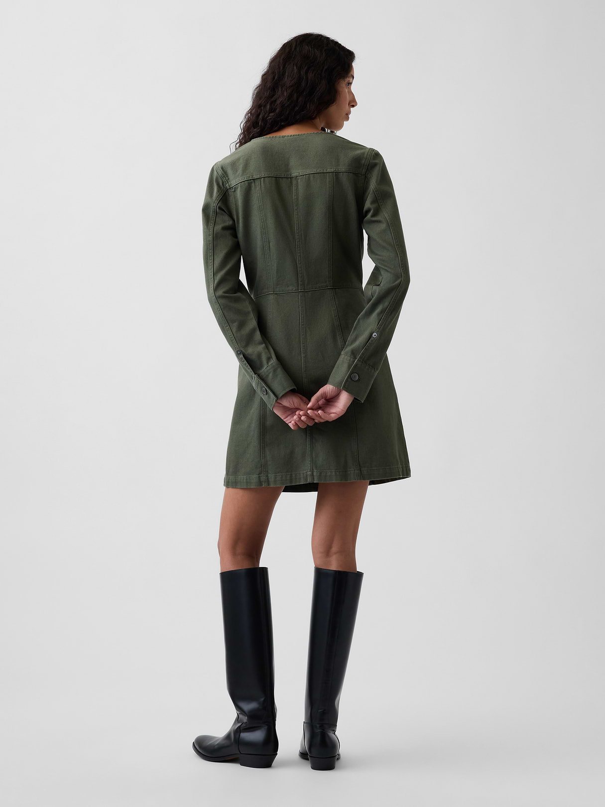 V-Neck Button-Front Mini Dress - Tweed green