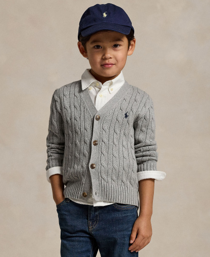 Polo Ralph Lauren Toddler and Little Boys Cable-Knit Cotton V-Neck Cardigan Sweater - Andover Heather