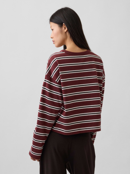 Knit Oversized Crop T-Shirt - Andorra red & brown stripe