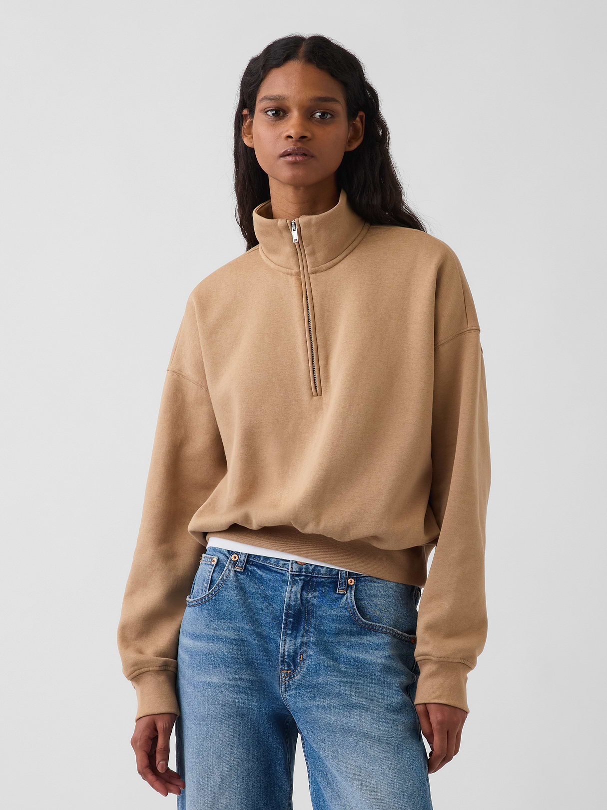 VintageSoft Oversized Half-Zip Wedge Pullover - Camel tan