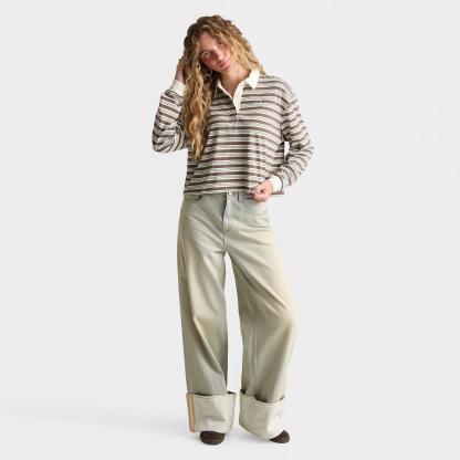 Women's adidas Originals Striped OVZD Long-Sleeve Polo T-Shirt - Earth Strata/Ice Blue