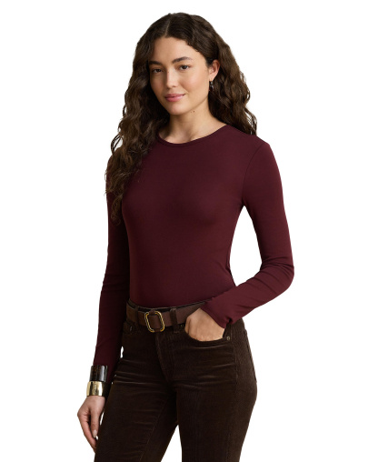 Lauren Ralph Lauren Cotton-Blend Long-Sleeve Top - Dark Garnet