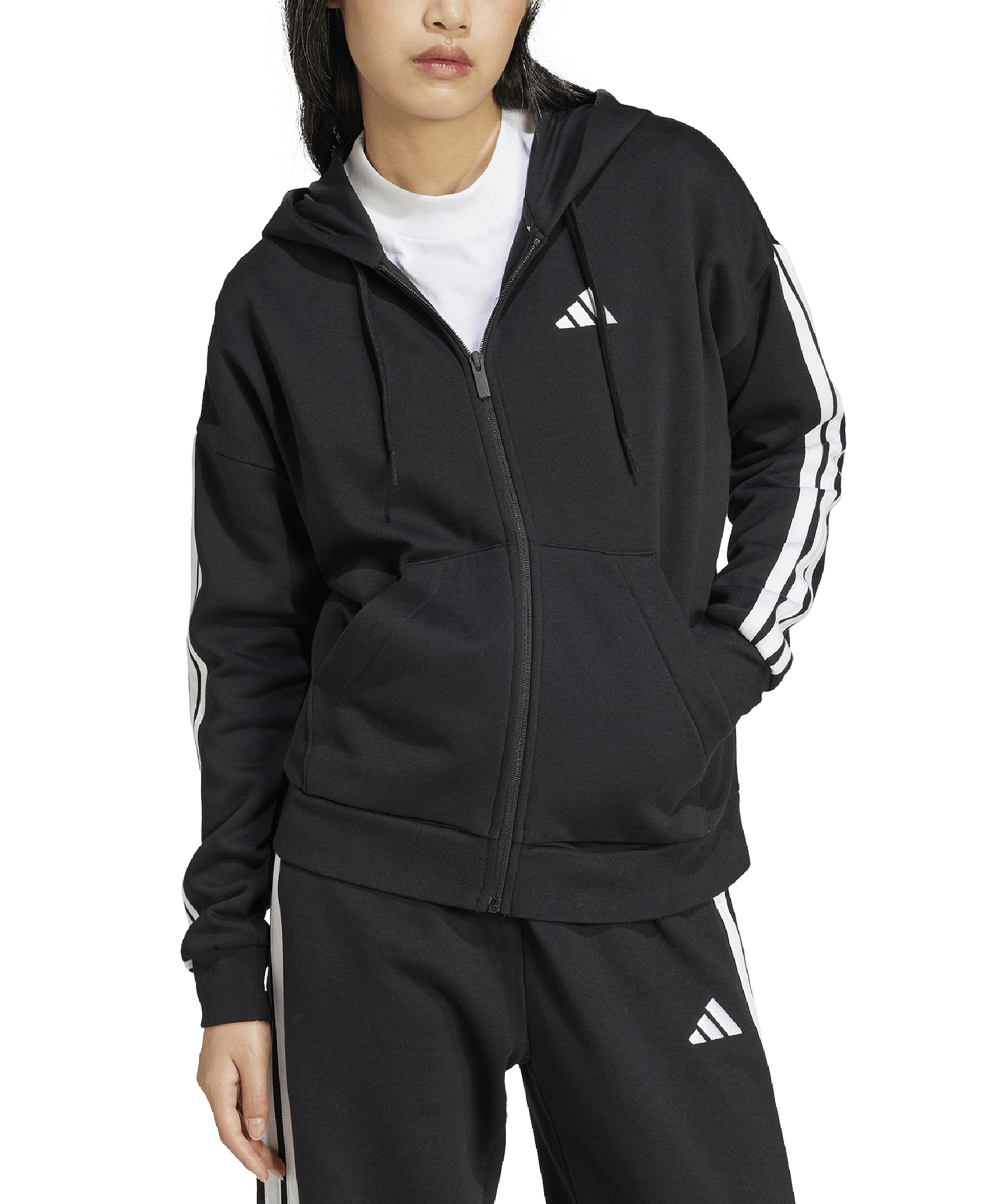 adidas Women's 3-Stripe Fleece Full-Zip Hoodie - Black/White